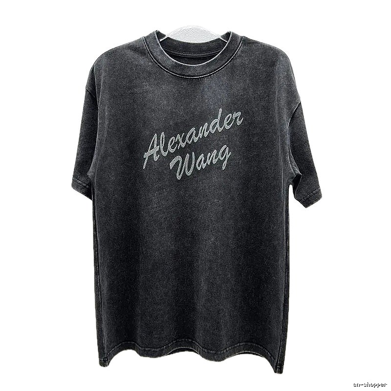 Alexander Wang Distressed Charcoal Gray Rhinestone-embellished Short Sleeve T-Shirt