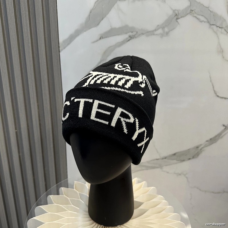 Black White Ribbed Knit Beanie with Arc'teryx Lettering