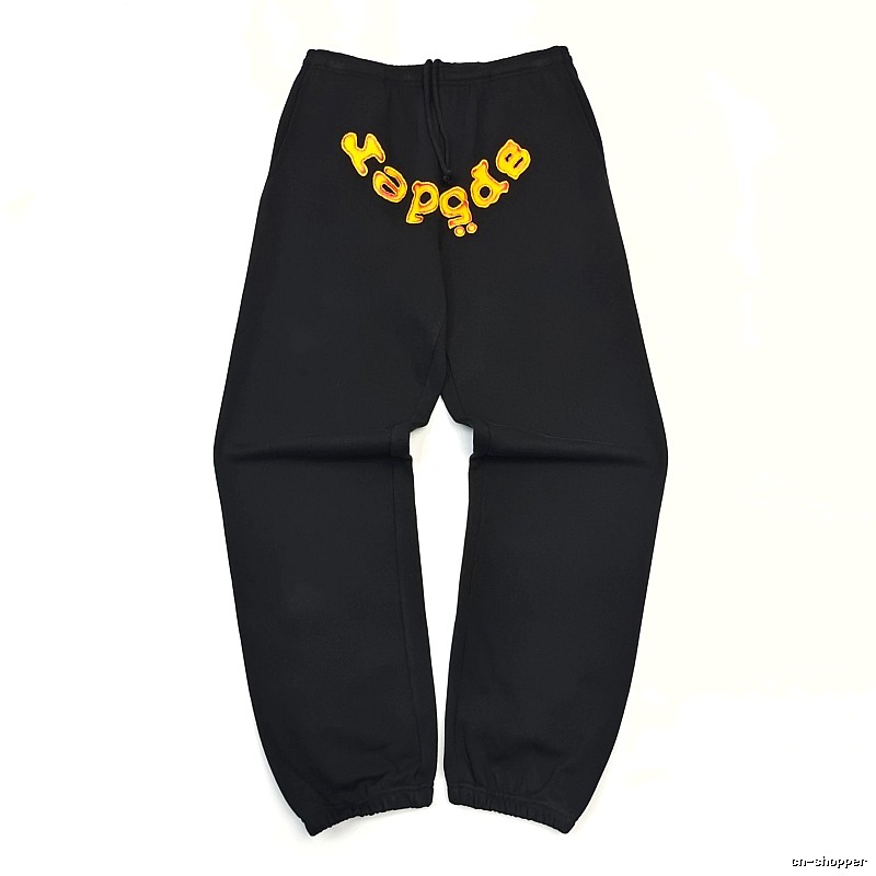 Bold Yellow Wordmark Graphics And Cuffed Hems Black Sp5der Logo Sweatpants