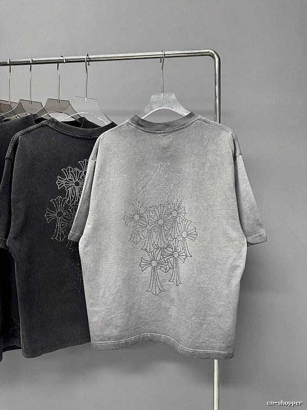 Chrome Hearts Cross Hot-stamped Rhinestone Street-style Grey Short-sleeve T-shirt