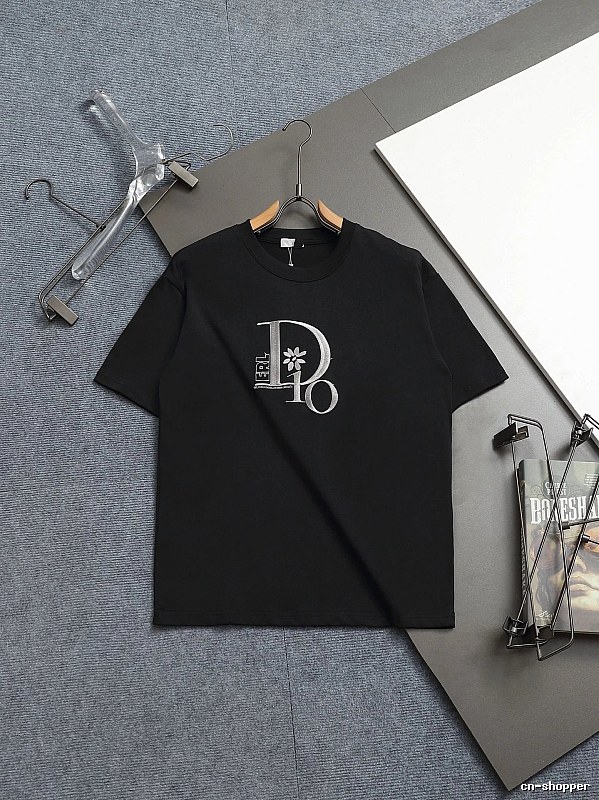 Dior Co-branded Embroidered Light Luxury Style Black Short-sleeve T-shirt
