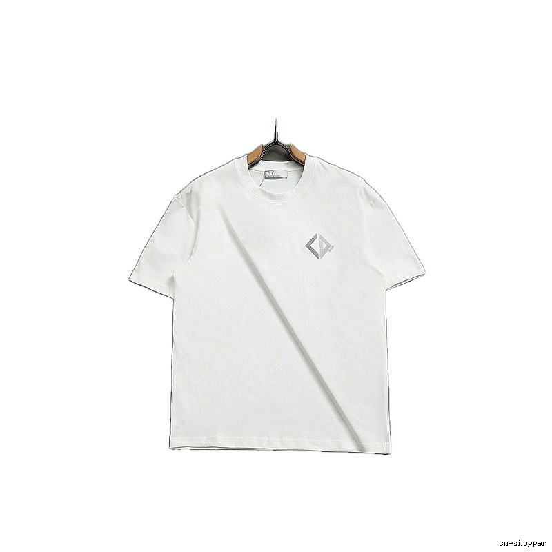 Dior Diamond Check Embroidered Minimalist Style White Short-Sleeve T-Shirt