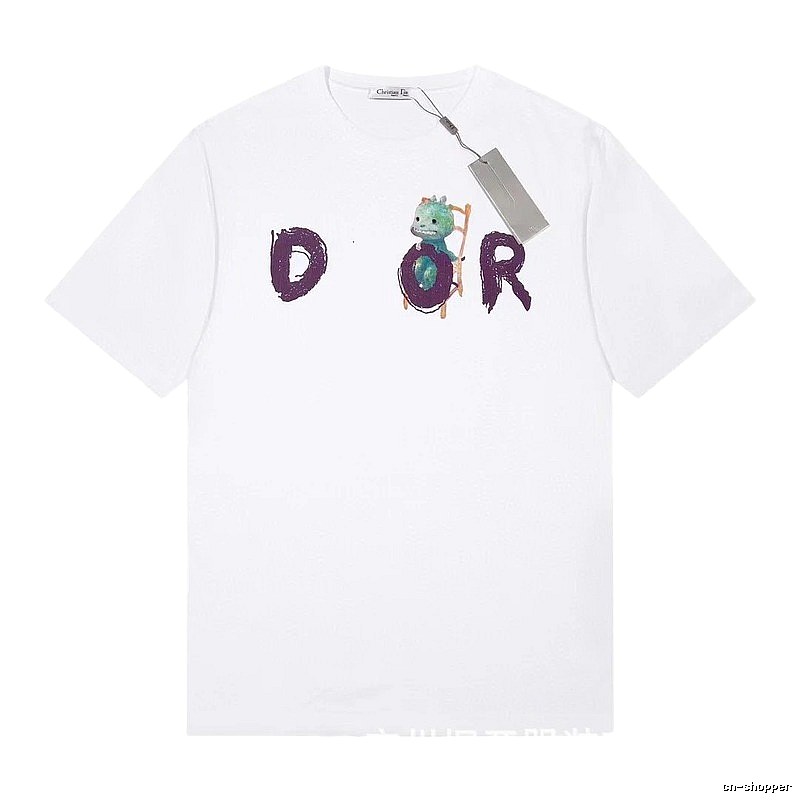 Dior Dinosaur Graffiti Cool Trendy White Short-sleeve T-shirt