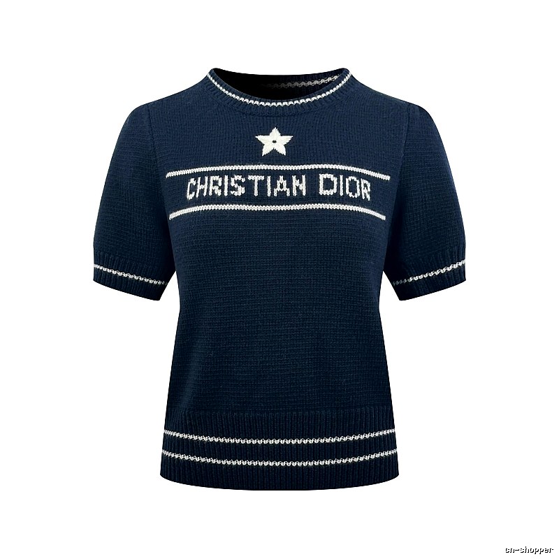Dior Short Sleeve Knit Sweater with Cream Trim and Star Detail
