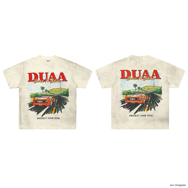 DUAA Sports Car Print American Retro Off-white Short Sleeve T-Shirt