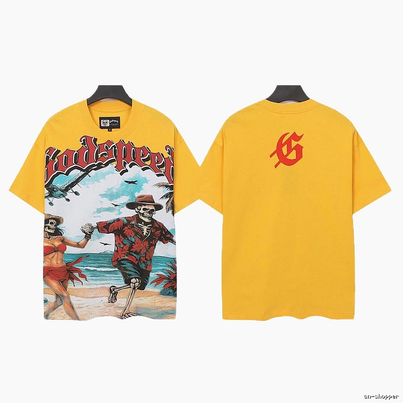 Godspeed Skull Print American Street Style Yellow T-Shirt