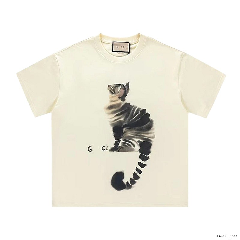 Gucci Cat Print Casual Off-White Short-Sleeve T-Shirt