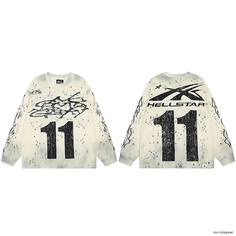 Hellstar No.11 Distressed Street Style Off-white Long Sleeve T-shirt