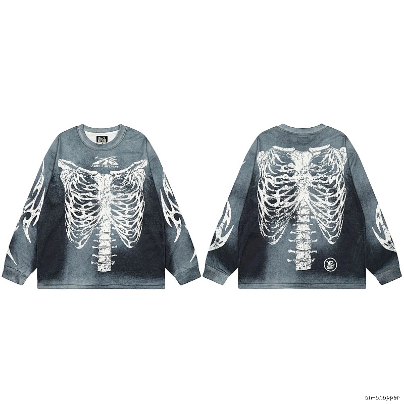Hellstar Skull Print Street Style Vintage Grey Long Sleeve T-shirt