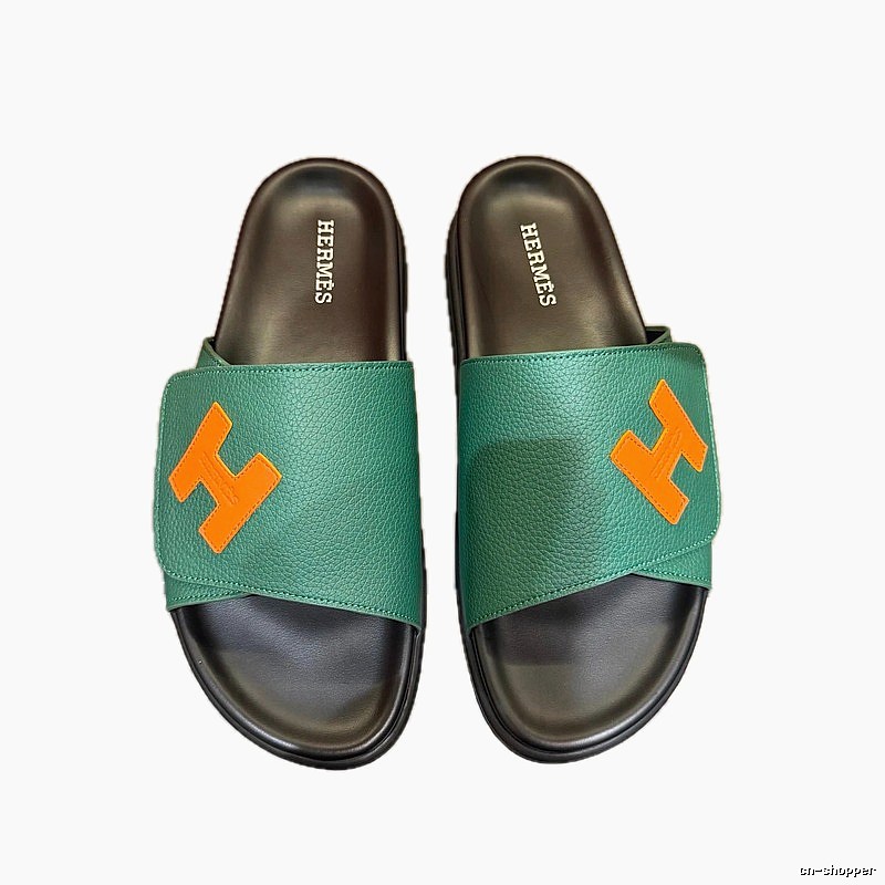 Hermès H Collection Casual Style Green & Orange Color-block Slide Sandals