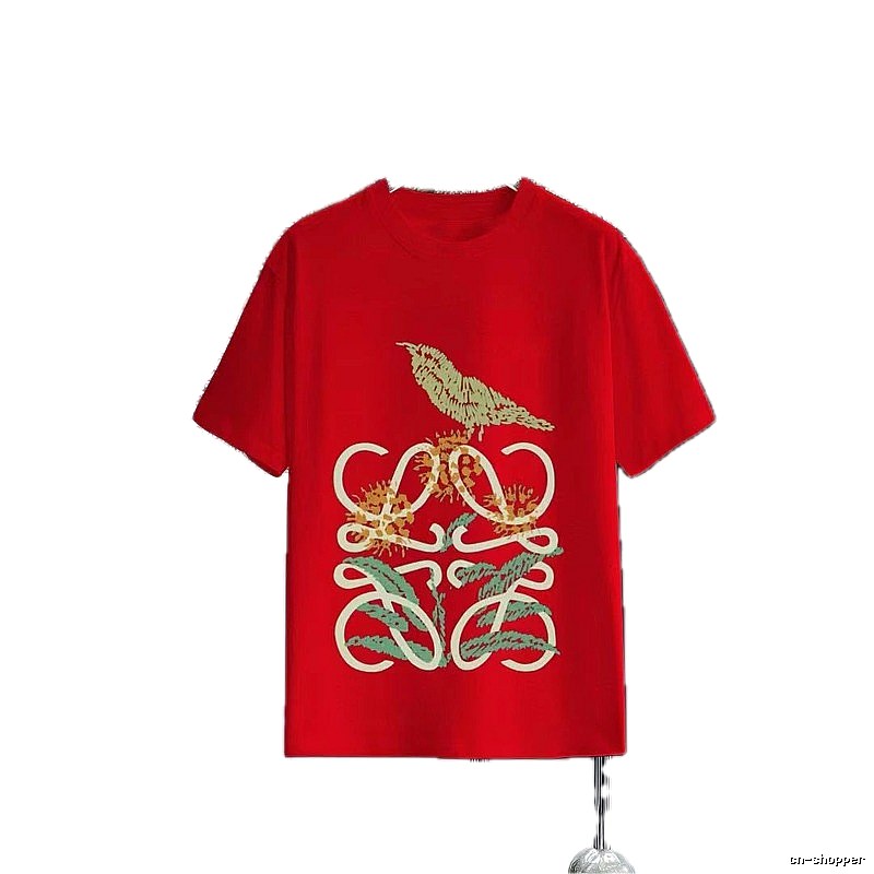 LOEWE Bird and Flower Print Light Luxury Style Red Short-sleeve T-shirt