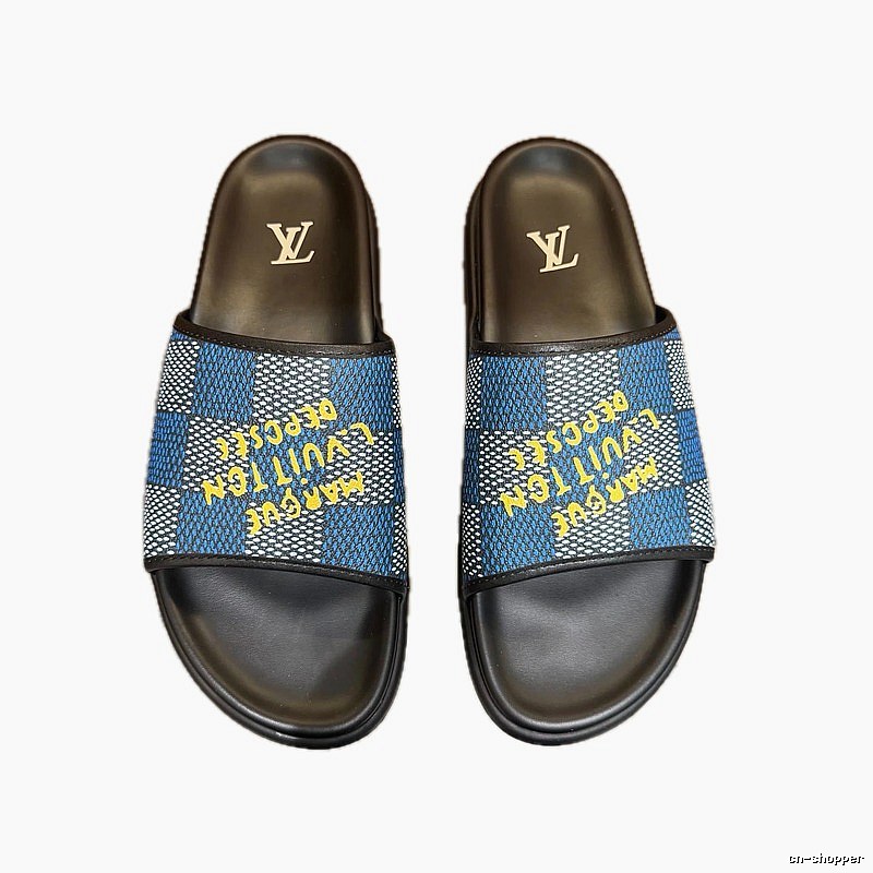 Louis Vuitton Checkerboard Graffiti Style Blue and Black Slides