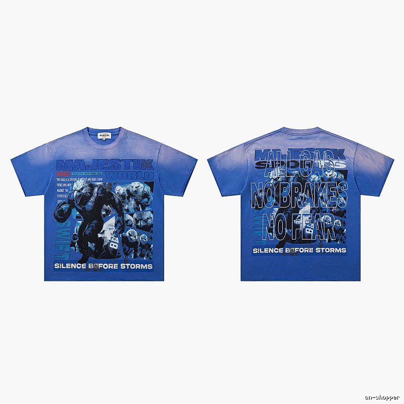 MAJESTIK American Street Style Gradient Blue Printed Short-sleeve T-shirt