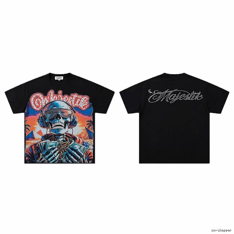 MAJESTIK Skull Print Hip-hop Style Black T-shirt