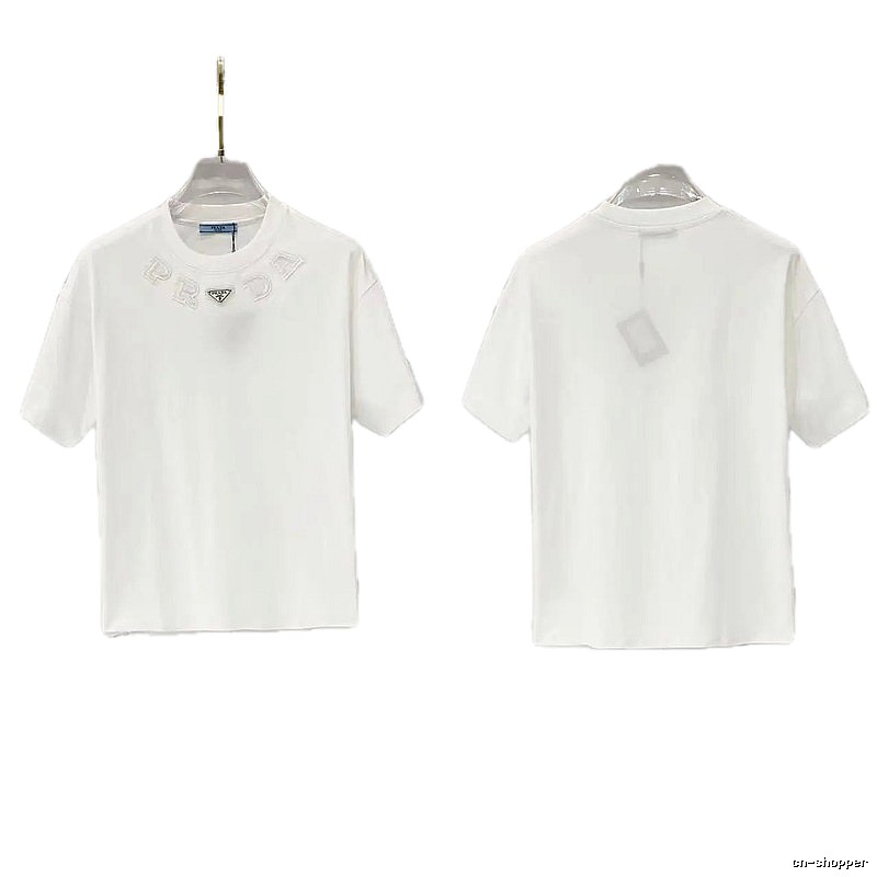Prada Embroidered Minimalist Style White Short-sleeved T-shirt