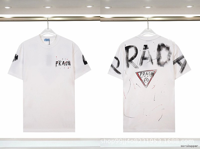 Prada Triangle Logo Graffiti Street Style White Short-sleeve T-shirt