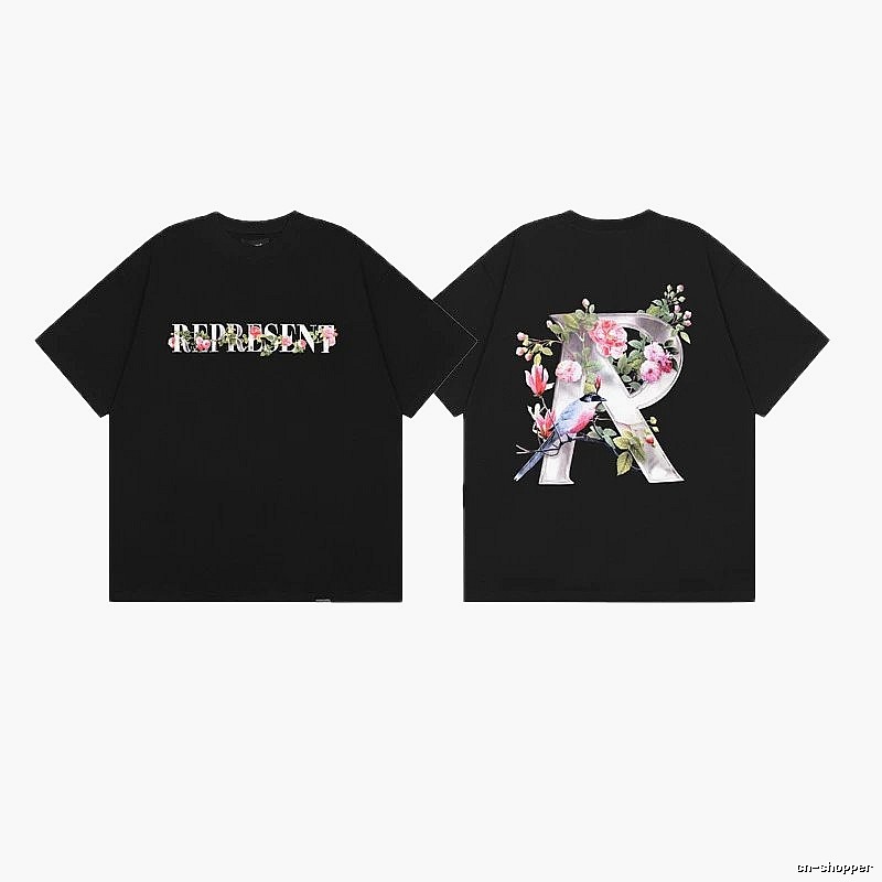Represent Bird and Flower Print High Street Style Black T-Shirt
