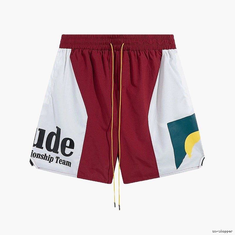 RHUDE retro-style red and white shorts
