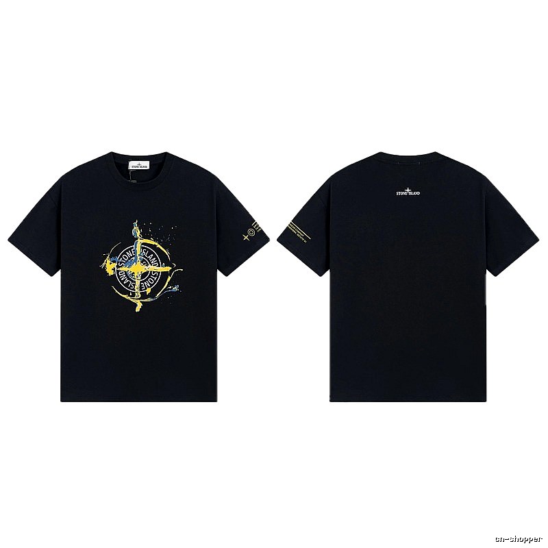 Stone Island Ink-splattered Street Style Black Short-sleeve T-shirt
