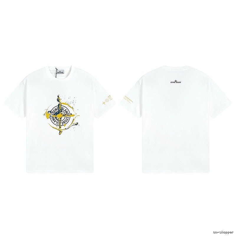 Stone Island Ink-splattered Trendy Style White T-shirt