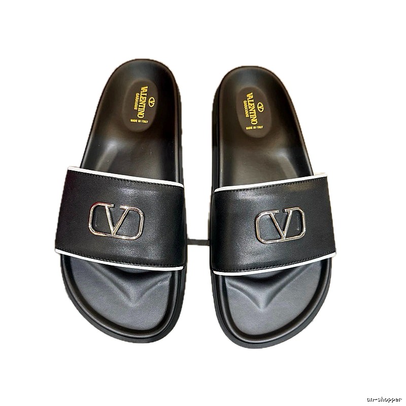 Valentino V-logo Light Luxury Style Black Slide Sandals