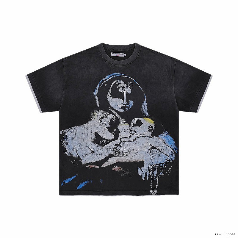 Valley Virgin Mary Print Vintage Distressed Black T-Shirt